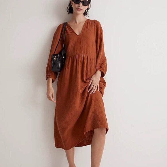 Madewell Lightspun V-Neck Midi Dress Burnt Orange Size XXS NWT - Picture 1 of 11